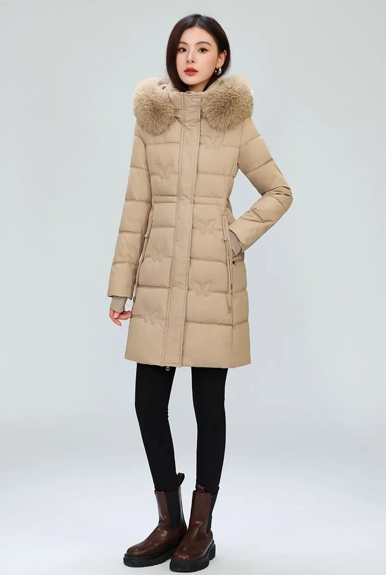 Windproof Quilted Puffer Coat for Women with Padded Thigh-length Design