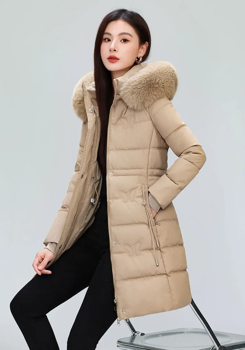 Windproof Quilted Puffer Coat for Women with Padded Thigh-length Design