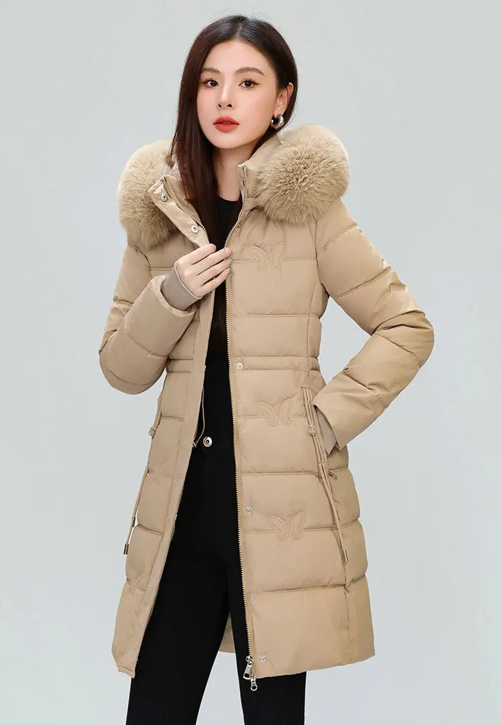 Windproof Quilted Puffer Coat for Women with Padded Thigh-length Design