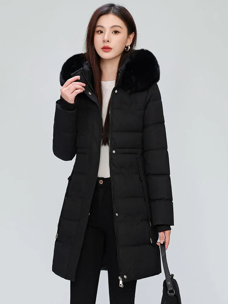 Windproof Quilted Puffer Coat for Women with Padded Thigh-length Design