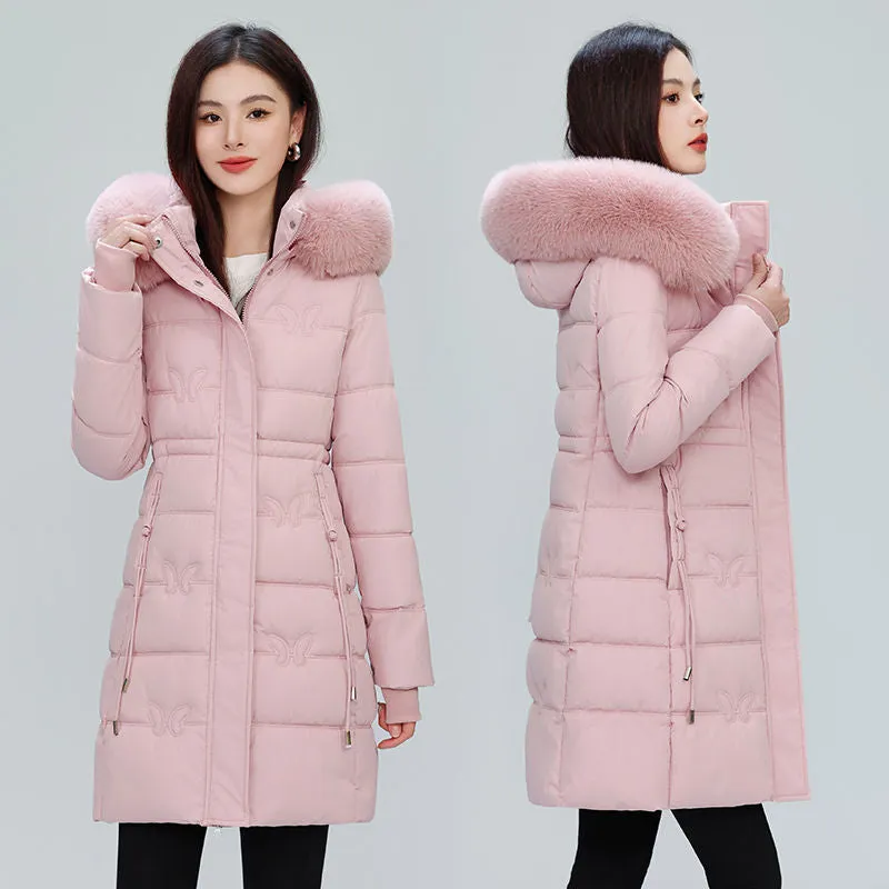 Windproof Quilted Puffer Coat for Women with Padded Thigh-length Design