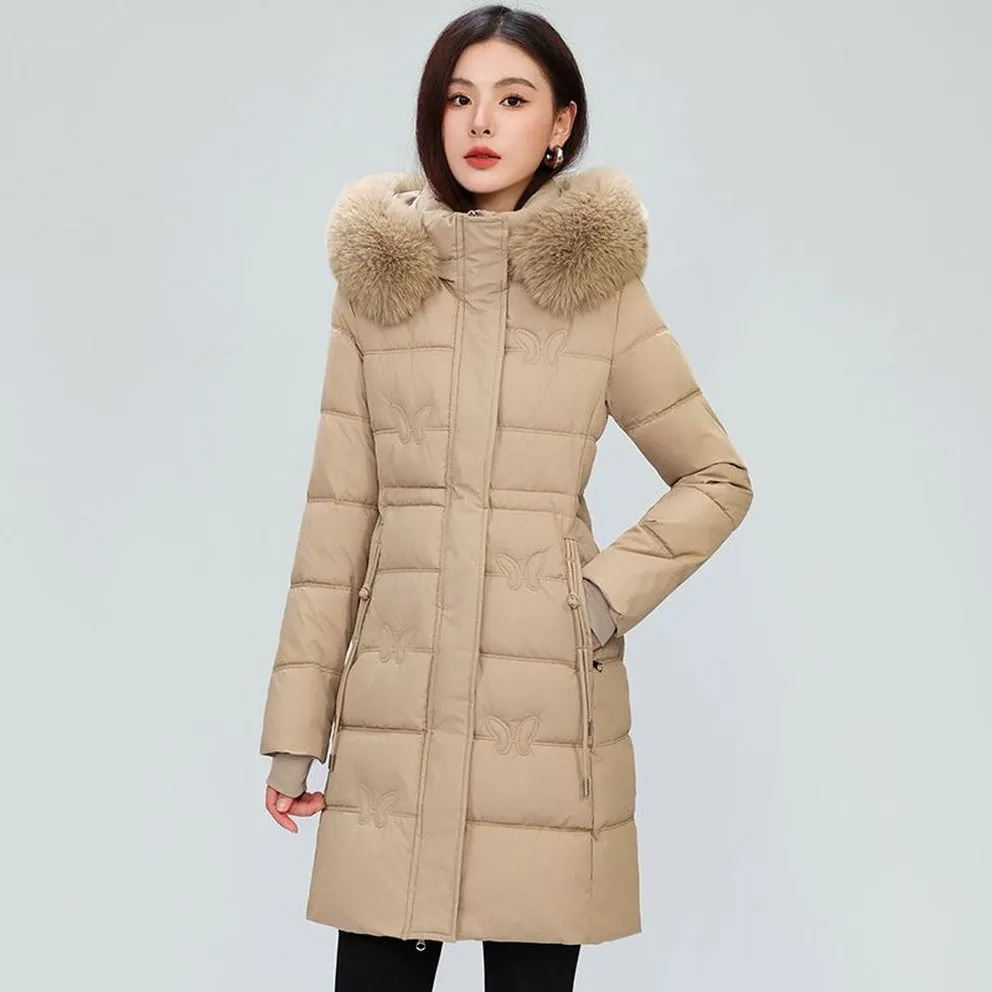 Windproof Quilted Puffer Coat for Women with Padded Thigh-length Design