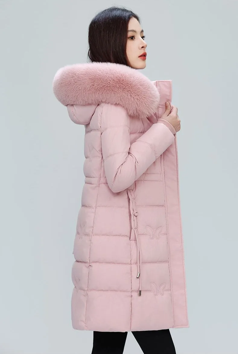 Windproof Quilted Puffer Coat for Women with Padded Thigh-length Design