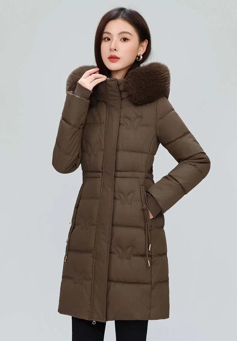Windproof Quilted Puffer Coat for Women with Padded Thigh-length Design