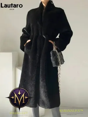 Winter Long Black Luxury Elegant Stylish Thick Warm Fluffy Hairy Soft Faux Mink Fur Coat Women Stand Collar Sashes