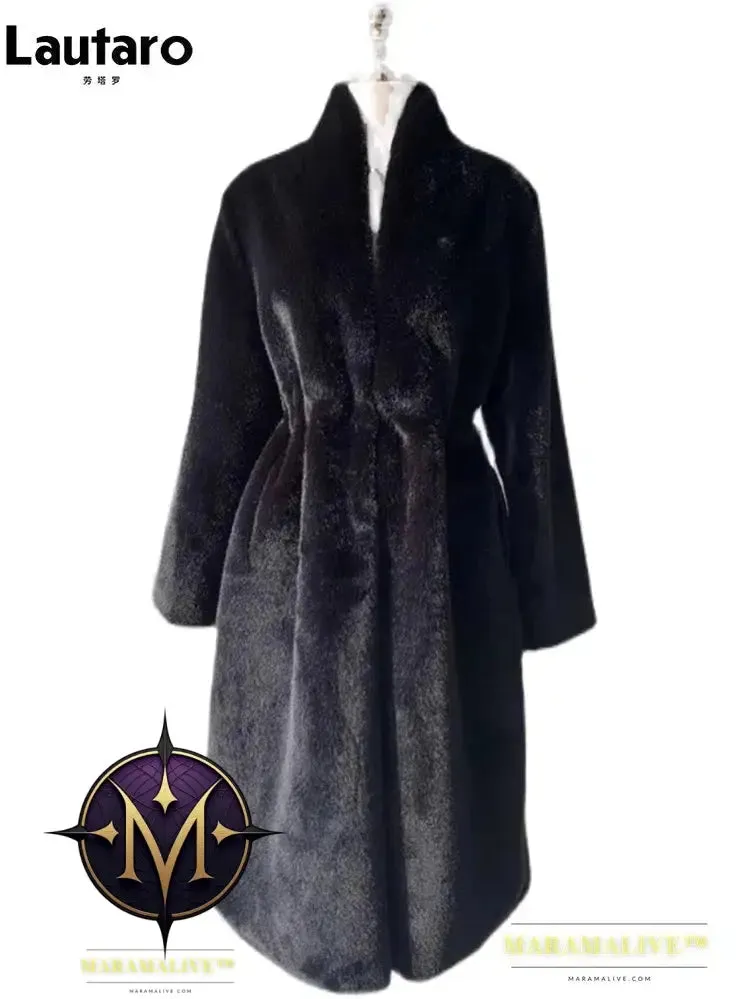 Winter Long Black Luxury Elegant Stylish Thick Warm Fluffy Hairy Soft Faux Mink Fur Coat Women Stand Collar Sashes