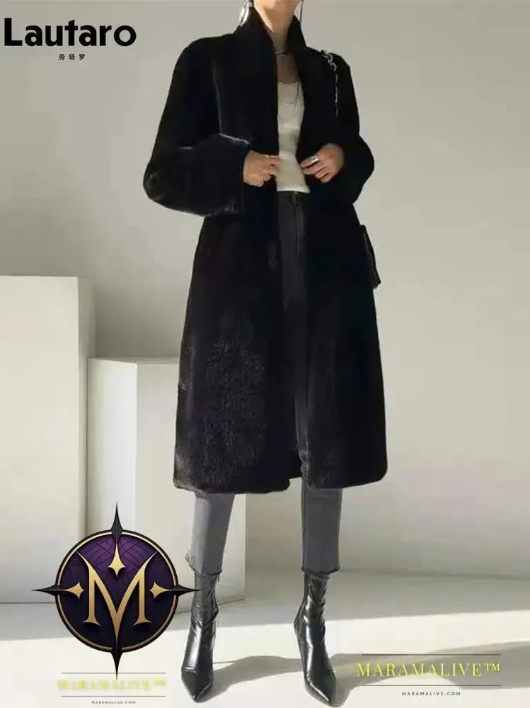 Winter Long Black Luxury Elegant Stylish Thick Warm Fluffy Hairy Soft Faux Mink Fur Coat Women Stand Collar Sashes