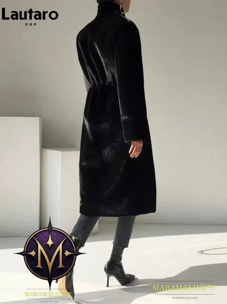Winter Long Black Luxury Elegant Stylish Thick Warm Fluffy Hairy Soft Faux Mink Fur Coat Women Stand Collar Sashes