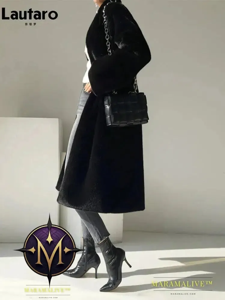 Winter Long Black Luxury Elegant Stylish Thick Warm Fluffy Hairy Soft Faux Mink Fur Coat Women Stand Collar Sashes
