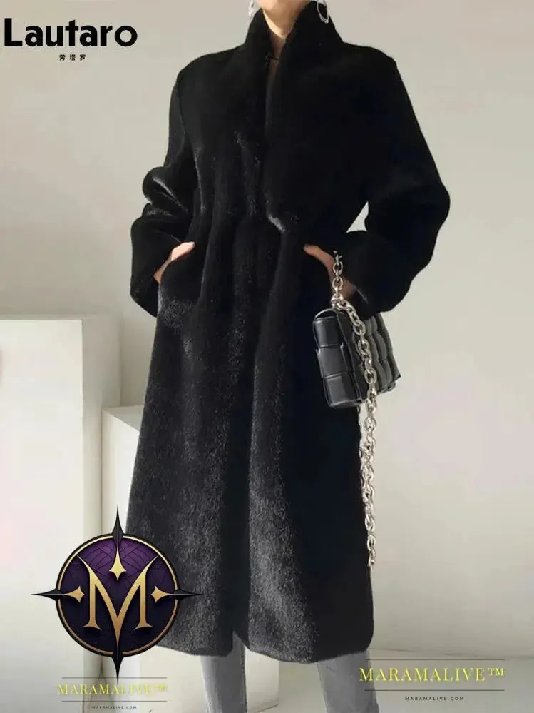 Winter Long Black Luxury Elegant Stylish Thick Warm Fluffy Hairy Soft Faux Mink Fur Coat Women Stand Collar Sashes