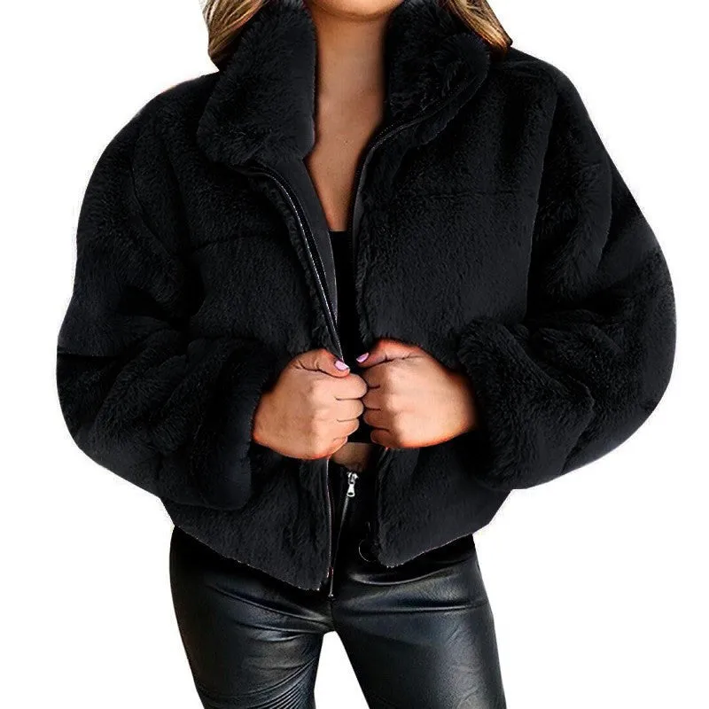 Winter Women's Zip Cardigan Plush Thermal Jacket Plus Size Faux Fur Coat