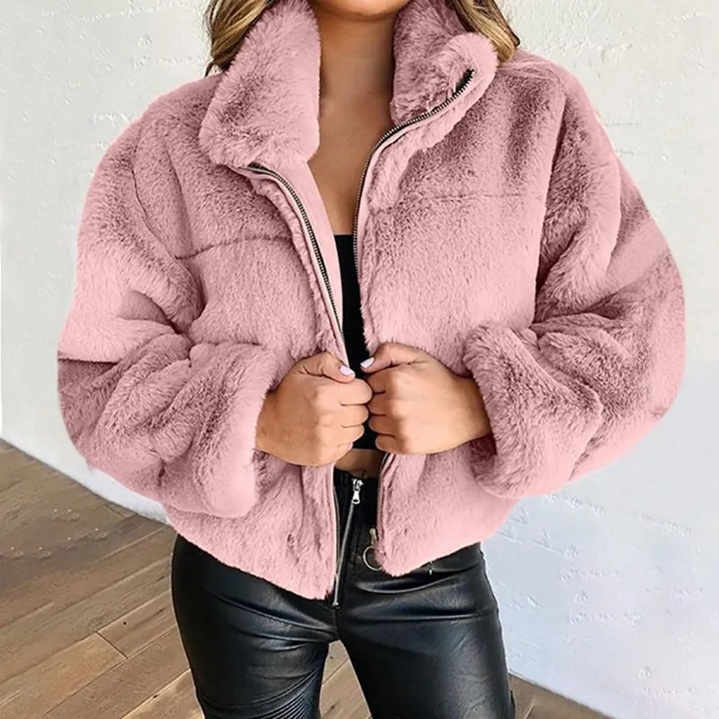 Winter Women's Zip Cardigan Plush Thermal Jacket Plus Size Faux Fur Coat