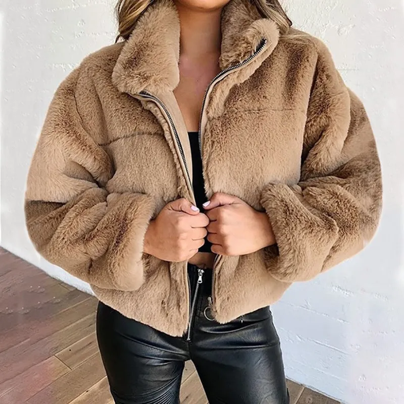 Winter Women's Zip Cardigan Plush Thermal Jacket Plus Size Faux Fur Coat