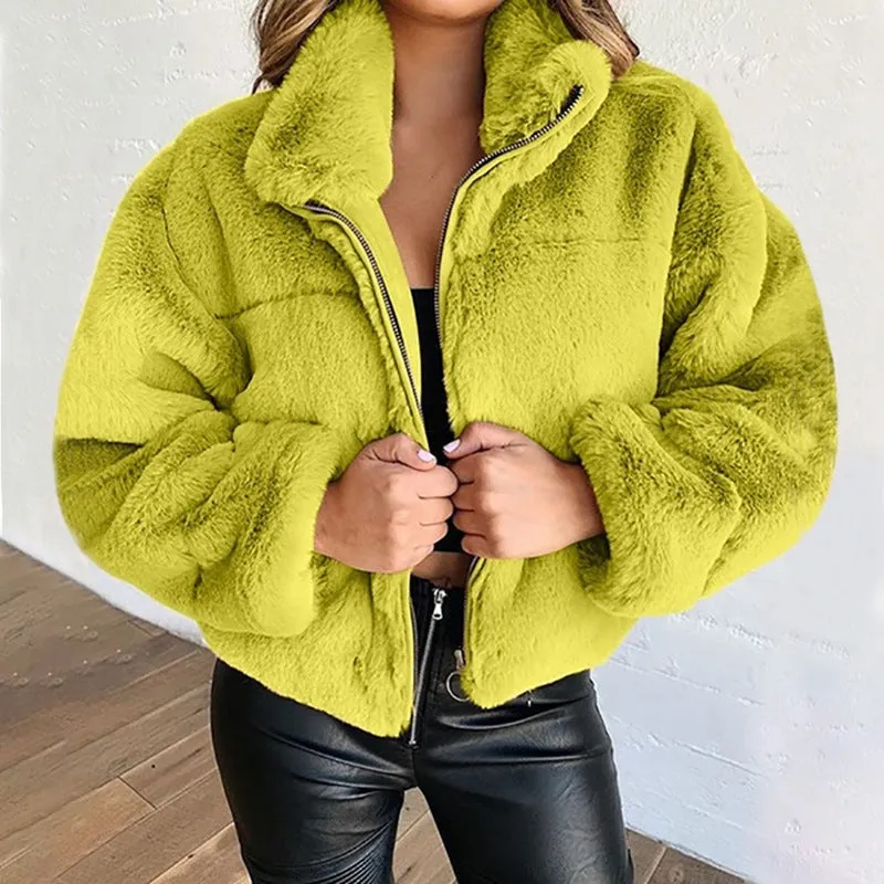 Winter Women's Zip Cardigan Plush Thermal Jacket Plus Size Faux Fur Coat
