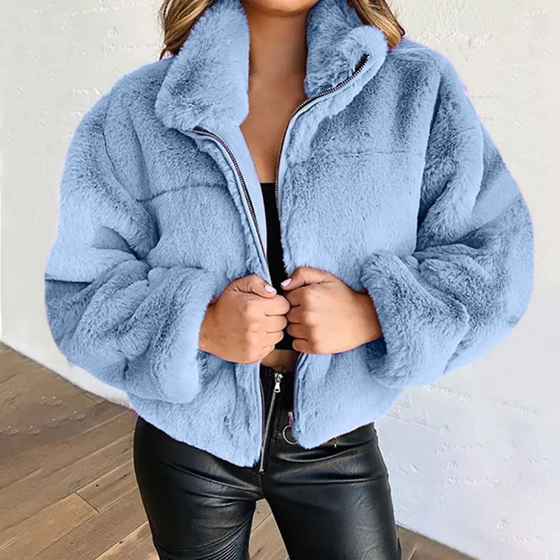 Winter Women's Zip Cardigan Plush Thermal Jacket Plus Size Faux Fur Coat