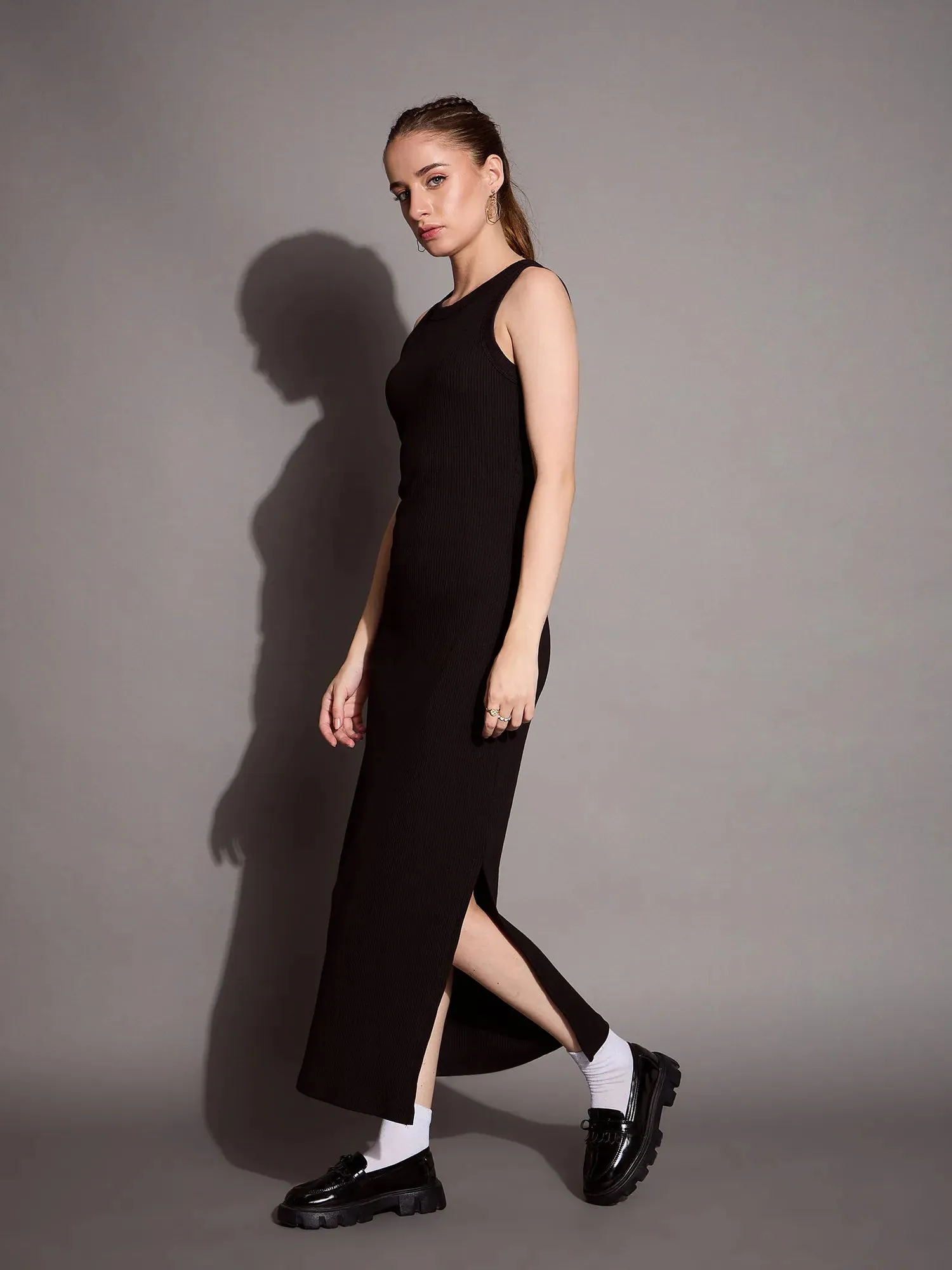 Women Black Ribbed Sleeveless Bodycon Maxi Dress-SFDRSS12404