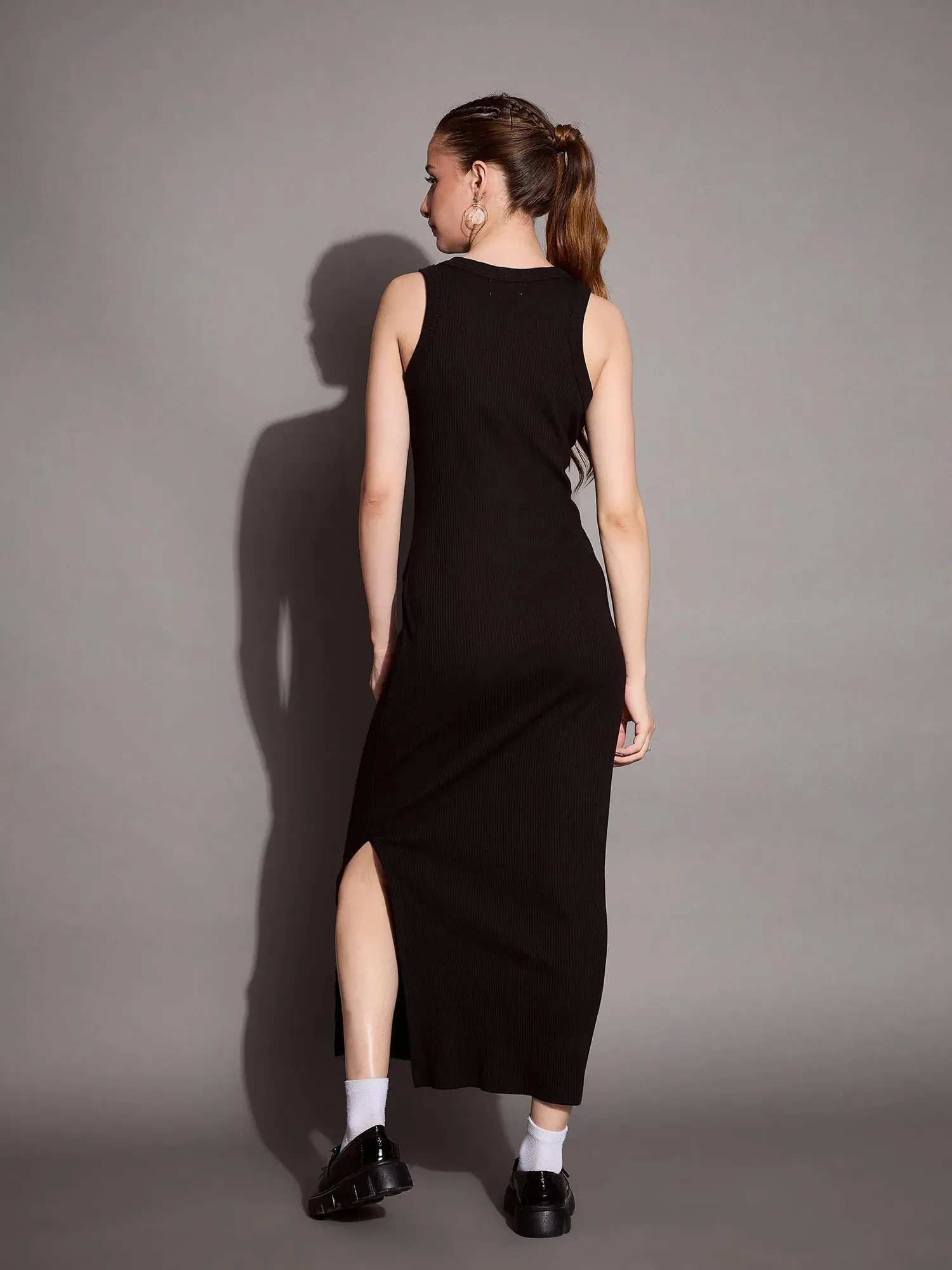 Women Black Ribbed Sleeveless Bodycon Maxi Dress-SFDRSS12404