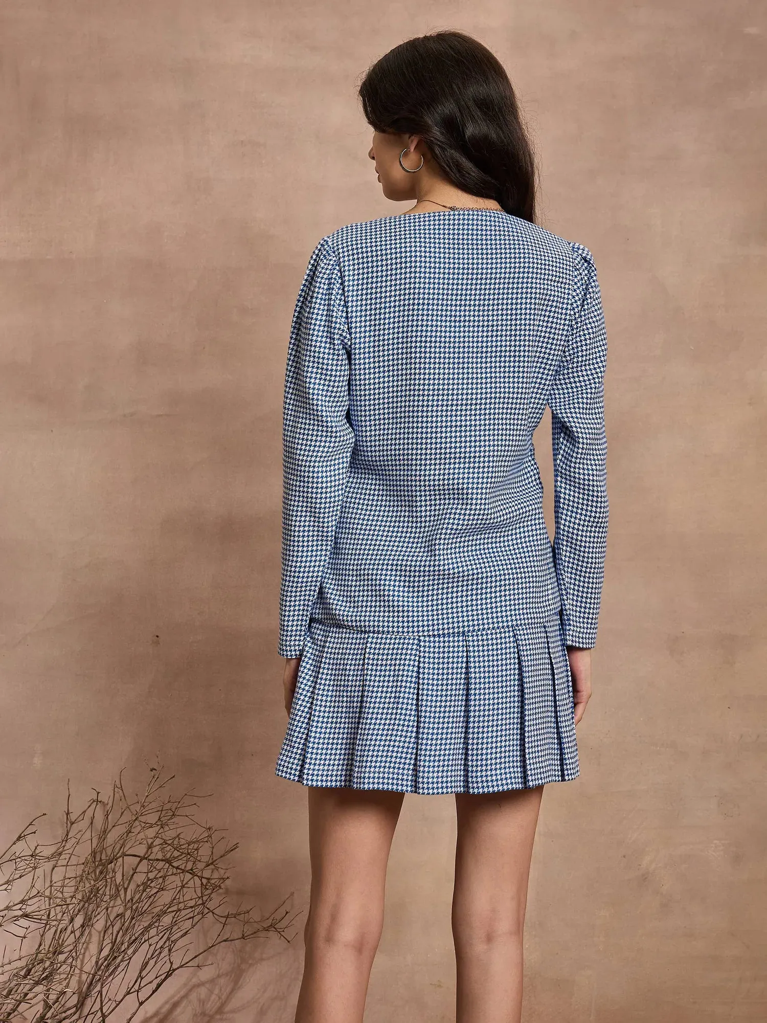 Women Blue Houndstooth Check Pleated Mini Skirt-SFSKRT30477
