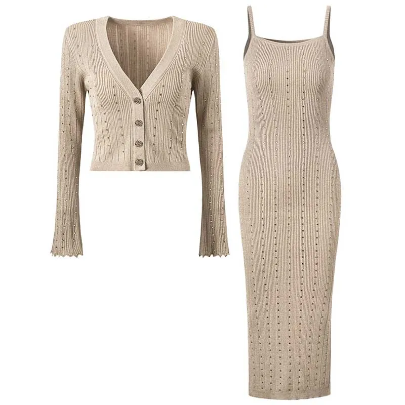 Women Knitted Crop Top   Sleeveless Midi Dress Set Two Pieces Suit