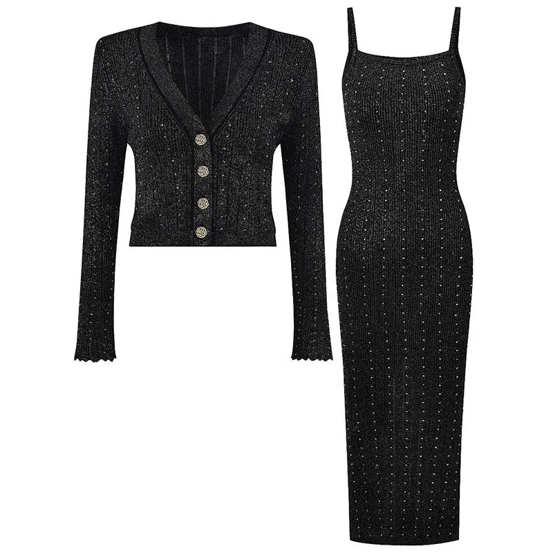 Women Knitted Crop Top   Sleeveless Midi Dress Set Two Pieces Suit