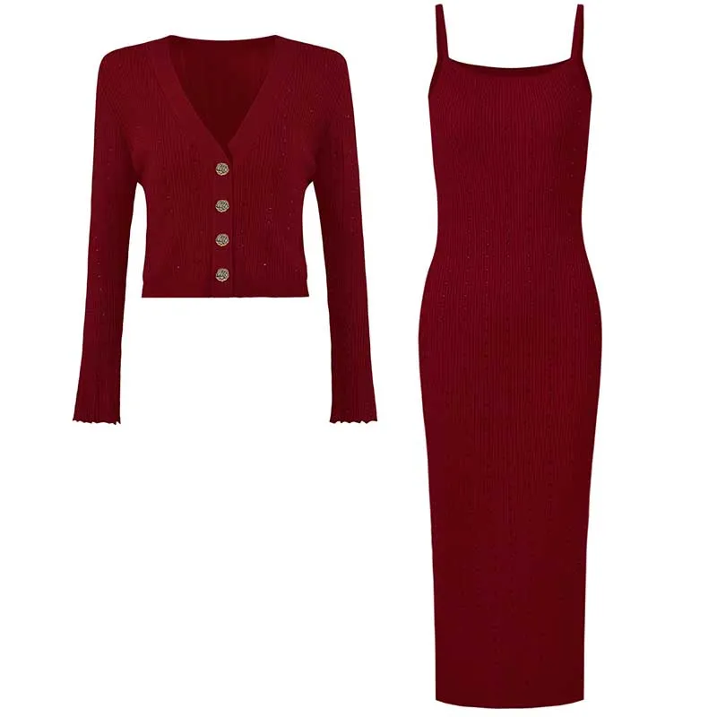 Women Knitted Crop Top   Sleeveless Midi Dress Set Two Pieces Suit