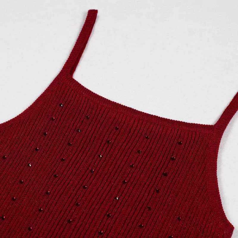 Women Knitted Crop Top   Sleeveless Midi Dress Set Two Pieces Suit