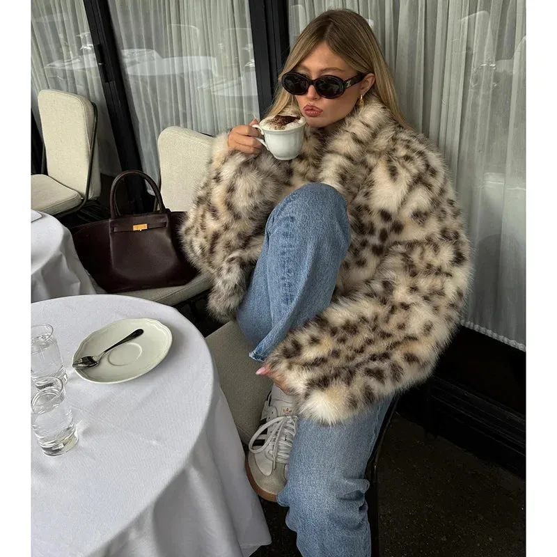Women Leopard Faux Fur Jackets Women Loose Thicken Long Sleeves Plush Warm Coats Female 2024 Winter New Chic Urban Outwears Lady