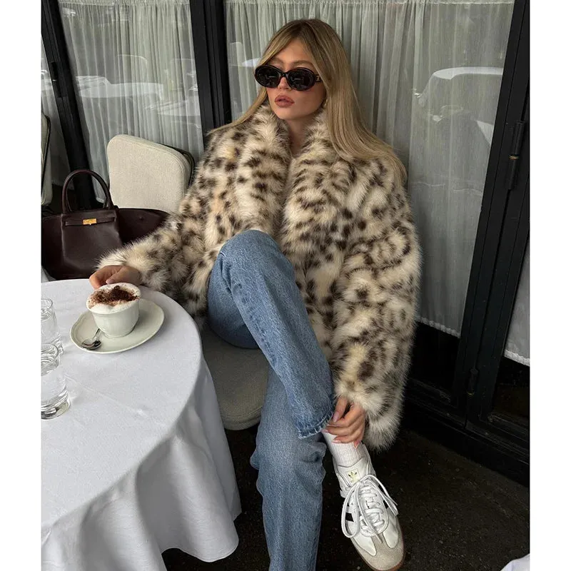 Women Leopard Faux Fur Jackets Women Loose Thicken Long Sleeves Plush Warm Coats Female 2024 Winter New Chic Urban Outwears Lady