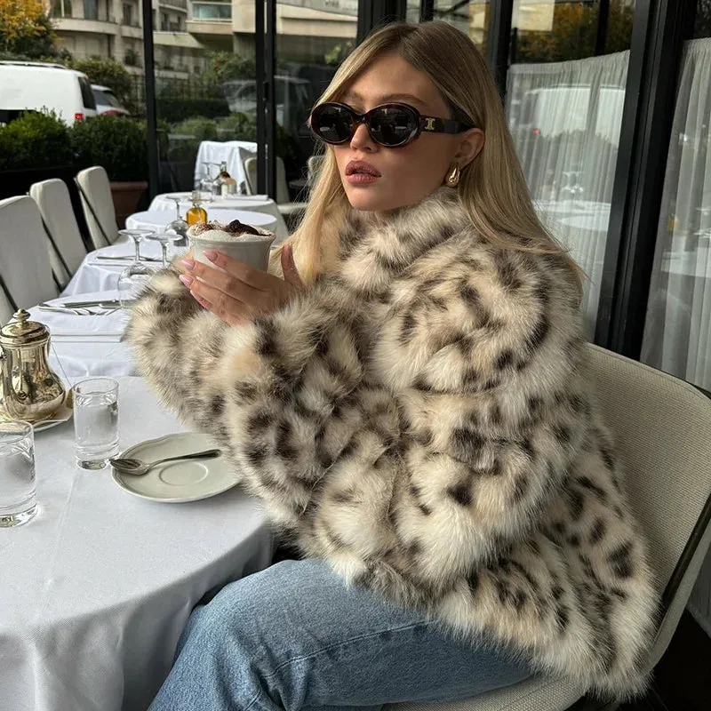 Women Leopard Faux Fur Jackets Women Loose Thicken Long Sleeves Plush Warm Coats Female 2024 Winter New Chic Urban Outwears Lady