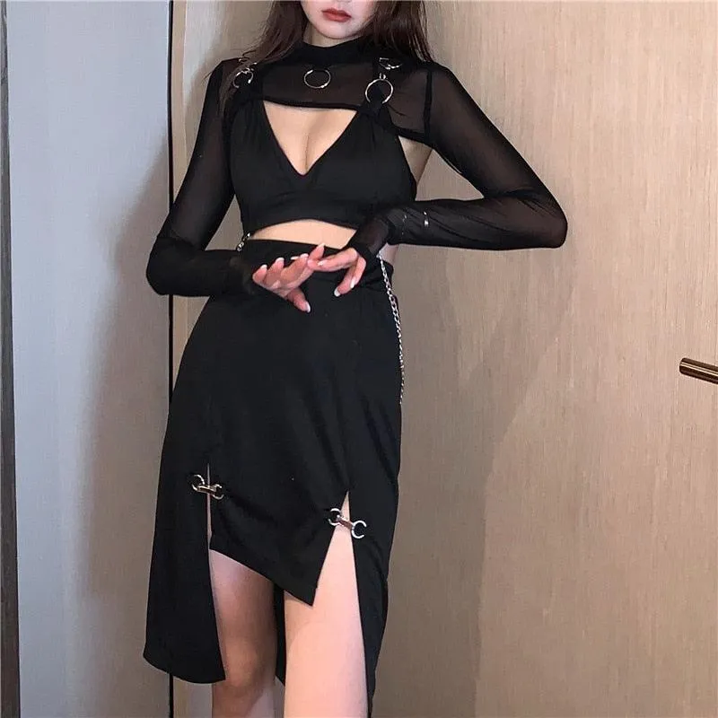 Women Punk Style High Waist Skirt Dark Academia Black Skirts Hip Hop Mall Goth Streetwear Split Ruched Midi Skirts Clubwear 2021