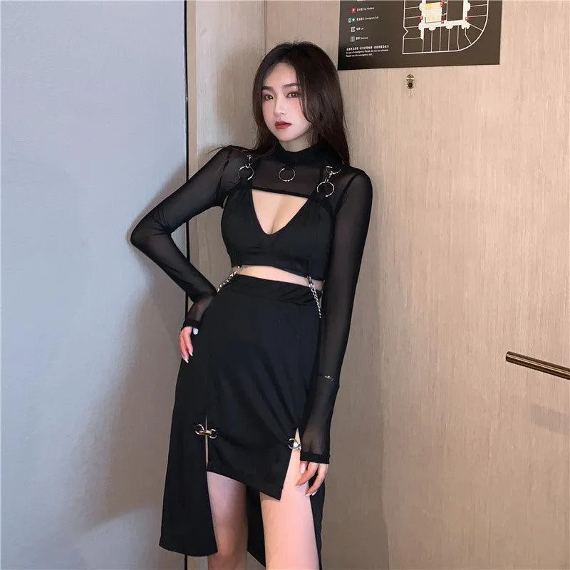 Women Punk Style High Waist Skirt Dark Academia Black Skirts Hip Hop Mall Goth Streetwear Split Ruched Midi Skirts Clubwear 2021