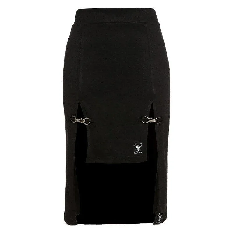Women Punk Style High Waist Skirt Dark Academia Black Skirts Hip Hop Mall Goth Streetwear Split Ruched Midi Skirts Clubwear 2021