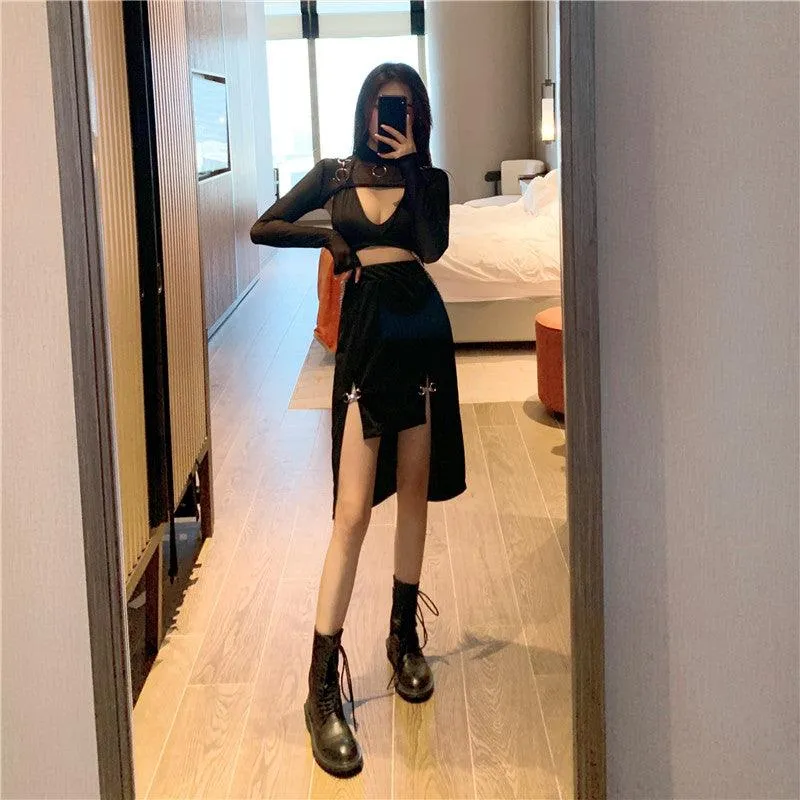 Women Punk Style High Waist Skirt Dark Academia Black Skirts Hip Hop Mall Goth Streetwear Split Ruched Midi Skirts Clubwear 2021