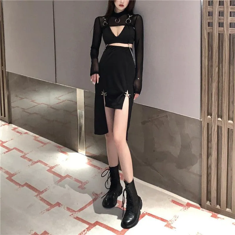 Women Punk Style High Waist Skirt Dark Academia Black Skirts Hip Hop Mall Goth Streetwear Split Ruched Midi Skirts Clubwear 2021