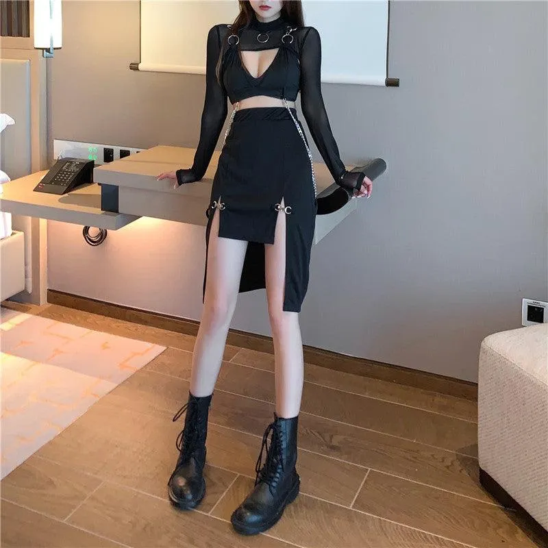 Women Punk Style High Waist Skirt Dark Academia Black Skirts Hip Hop Mall Goth Streetwear Split Ruched Midi Skirts Clubwear 2021