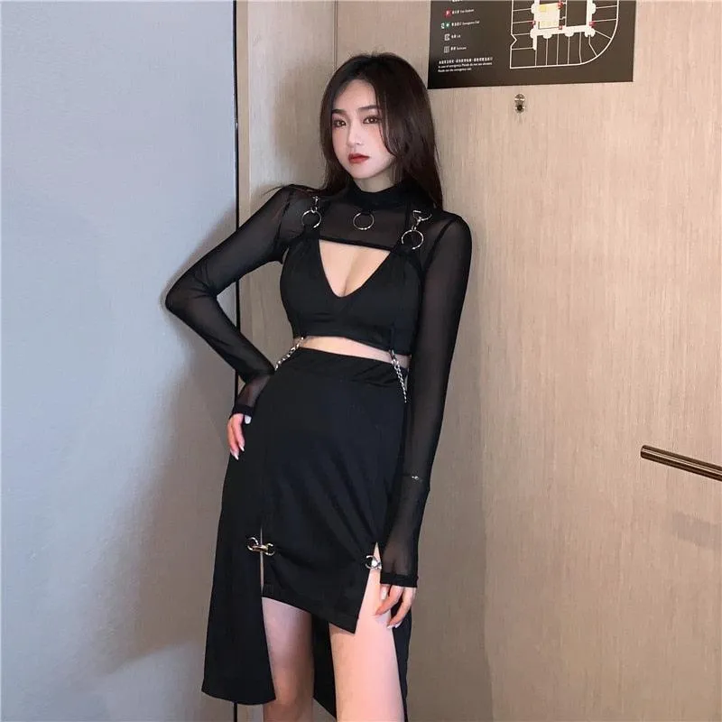 Women Punk Style High Waist Skirt Dark Academia Black Skirts Hip Hop Mall Goth Streetwear Split Ruched Midi Skirts Clubwear 2021