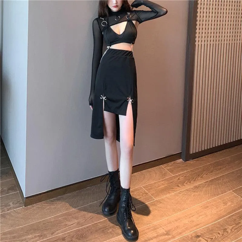 Women Punk Style High Waist Skirt Dark Academia Black Skirts Hip Hop Mall Goth Streetwear Split Ruched Midi Skirts Clubwear 2021