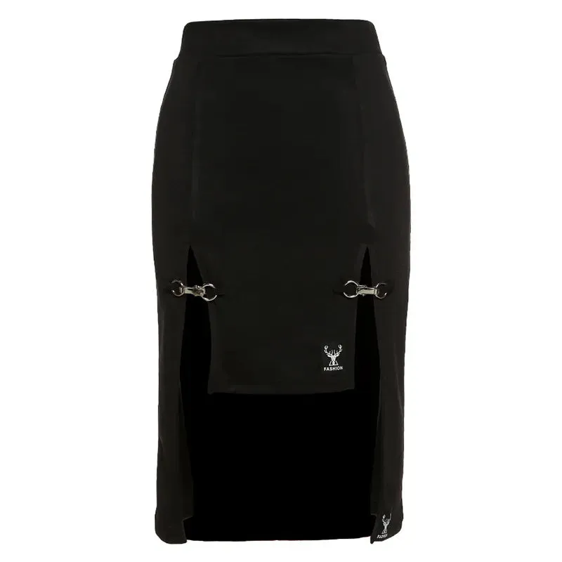 Women Punk Style High Waist Skirt Dark Academia Black Skirts Hip Hop Mall Goth Streetwear Split Ruched Midi Skirts Clubwear 2021
