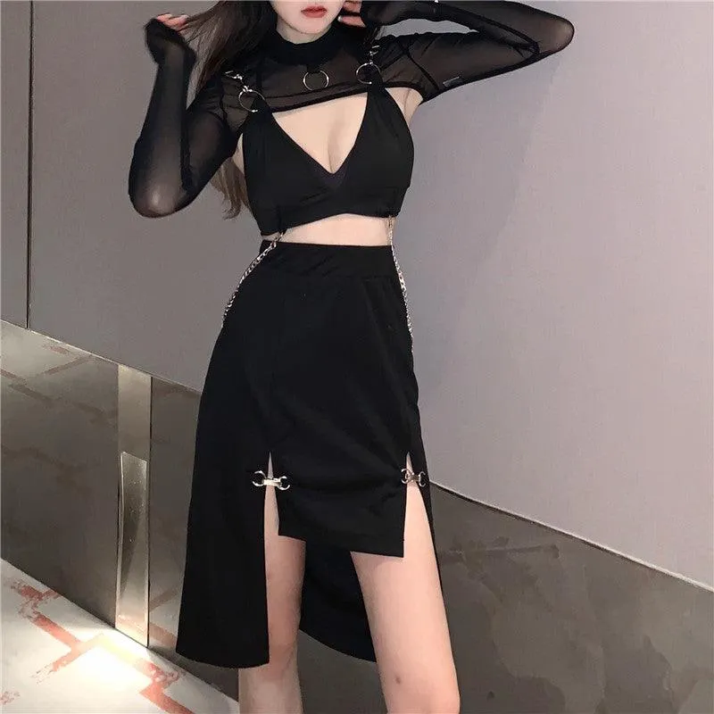 Women Punk Style High Waist Skirt Dark Academia Black Skirts Hip Hop Mall Goth Streetwear Split Ruched Midi Skirts Clubwear 2021