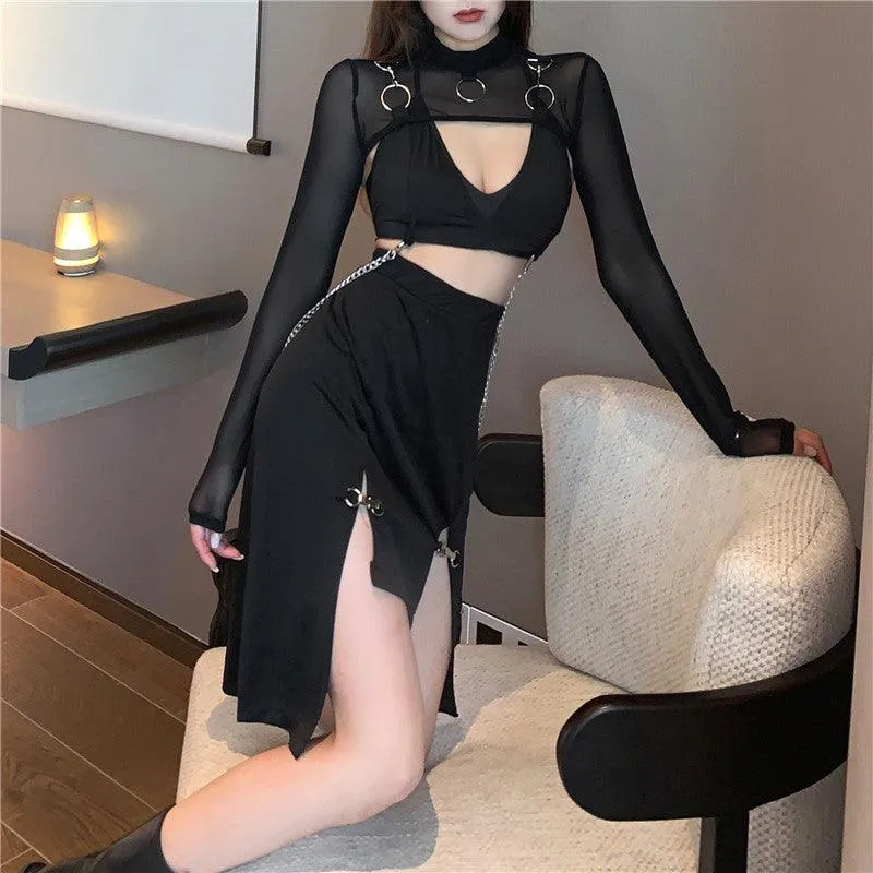 Women Punk Style High Waist Skirt Dark Academia Black Skirts Hip Hop Mall Goth Streetwear Split Ruched Midi Skirts Clubwear 2021