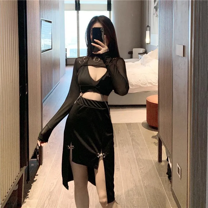 Women Punk Style High Waist Skirt Dark Academia Black Skirts Hip Hop Mall Goth Streetwear Split Ruched Midi Skirts Clubwear 2021