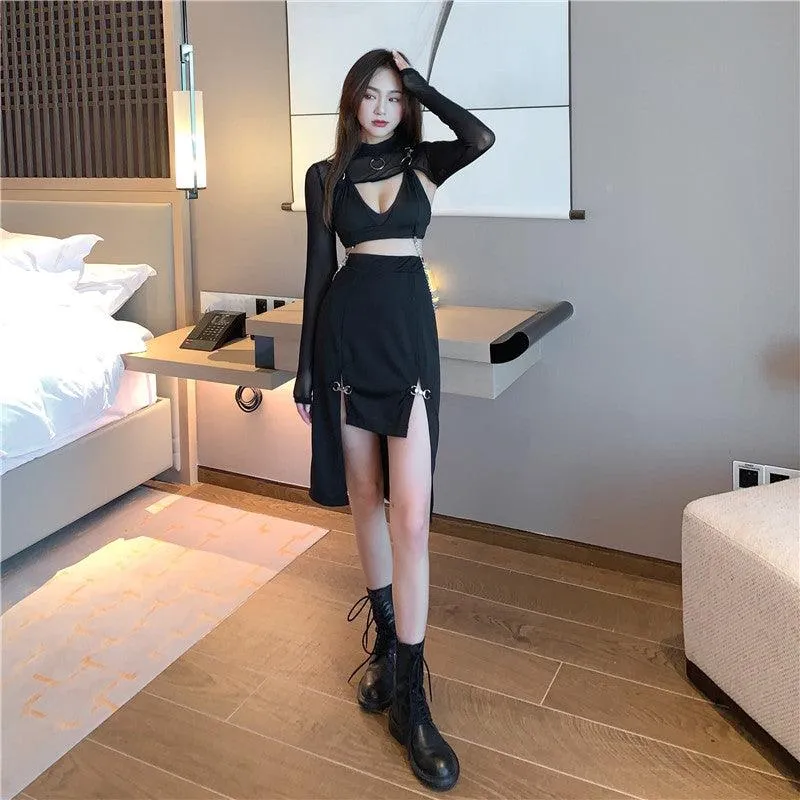 Women Punk Style High Waist Skirt Dark Academia Black Skirts Hip Hop Mall Goth Streetwear Split Ruched Midi Skirts Clubwear 2021