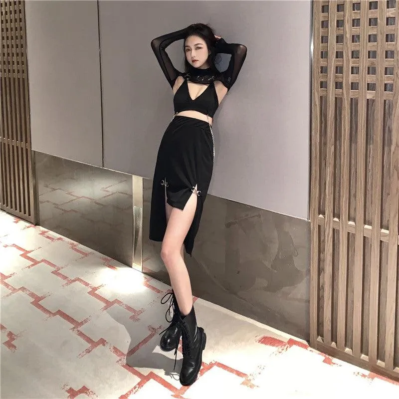 Women Punk Style High Waist Skirt Dark Academia Black Skirts Hip Hop Mall Goth Streetwear Split Ruched Midi Skirts Clubwear 2021