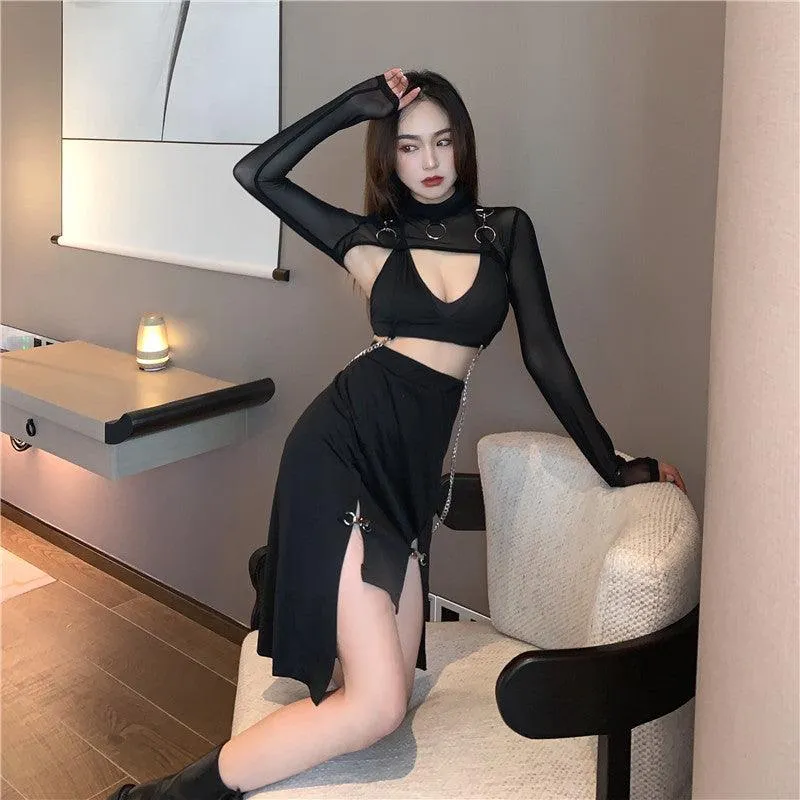 Women Punk Style High Waist Skirt Dark Academia Black Skirts Hip Hop Mall Goth Streetwear Split Ruched Midi Skirts Clubwear 2021