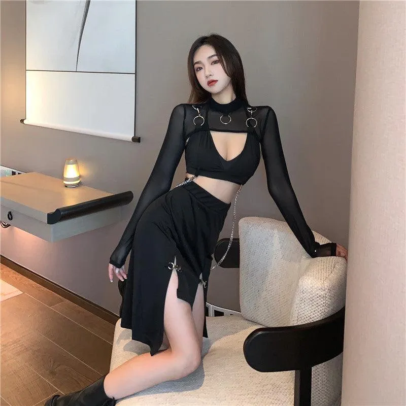 Women Punk Style High Waist Skirt Dark Academia Black Skirts Hip Hop Mall Goth Streetwear Split Ruched Midi Skirts Clubwear 2021