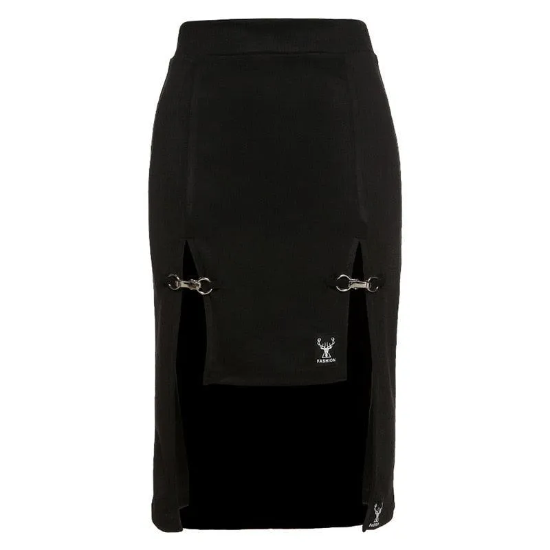 Women Punk Style High Waist Skirt Dark Academia Black Skirts Hip Hop Mall Goth Streetwear Split Ruched Midi Skirts Clubwear 2021