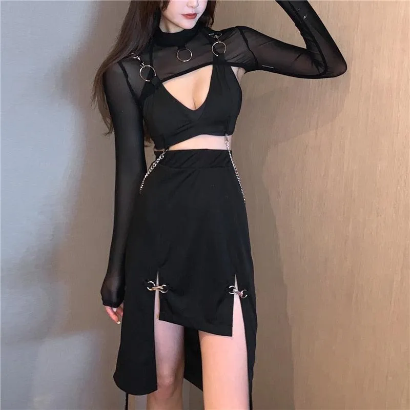 Women Punk Style High Waist Skirt Dark Academia Black Skirts Hip Hop Mall Goth Streetwear Split Ruched Midi Skirts Clubwear 2021