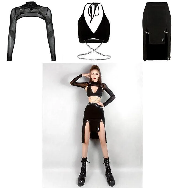 Women Punk Style High Waist Skirt Dark Academia Black Skirts Hip Hop Mall Goth Streetwear Split Ruched Midi Skirts Clubwear 2021