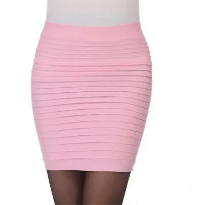 Women Skirts High Waist Candy Color Plus Size Elastic Pleated Short Skirt