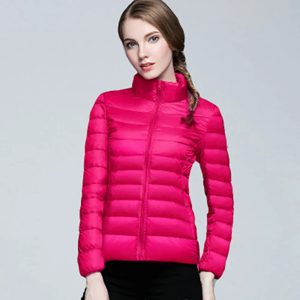 Women Ultra Light Down Jacket Winter Duck Down Jackets Women Slim Long Sleeve Parka Zipper Coats Pockets Solid
